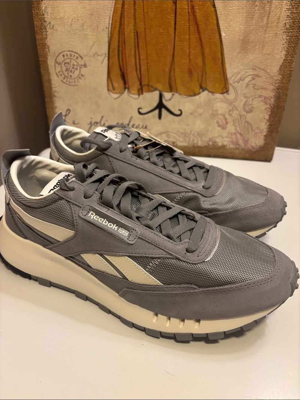 Reebok Men's classic leather Legacy Gray Sneakers with Cream Accents